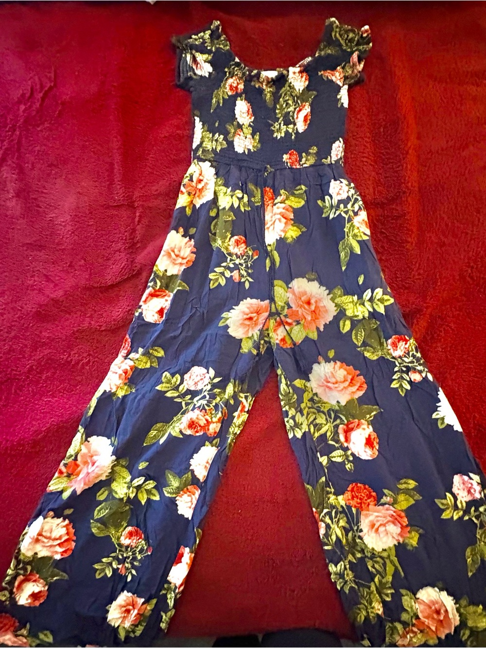 Navy Floral Wide-Leg Jumpsuit with Smocked Bodice